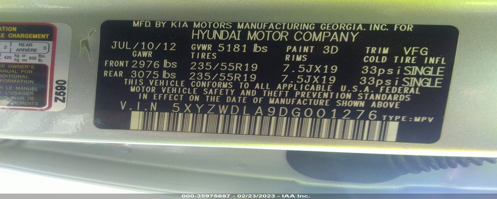 5XYZWDLA9DG001276 2013 HYUNDAI SANTA FE photo no. 9