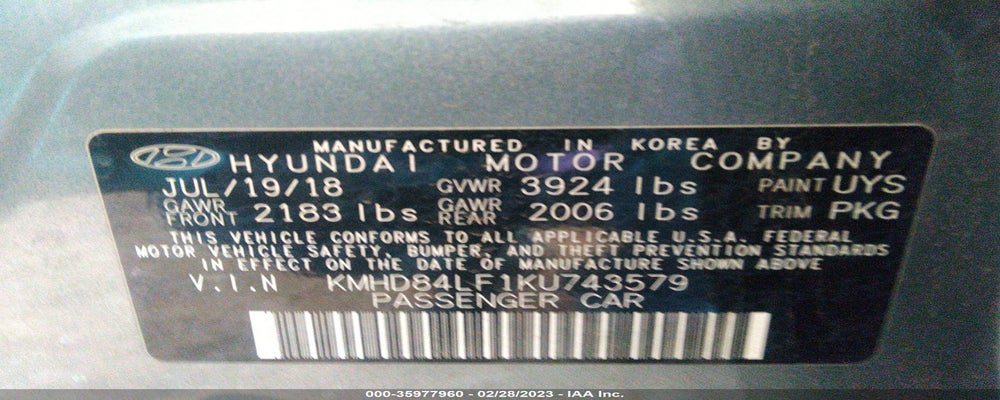 KMHD84LF1KU743579 2019 HYUNDAI ELANTRA photo no. 9