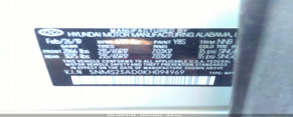 5NMS23AD0KH094969 2019 HYUNDAI SANTA FE photo no. 9