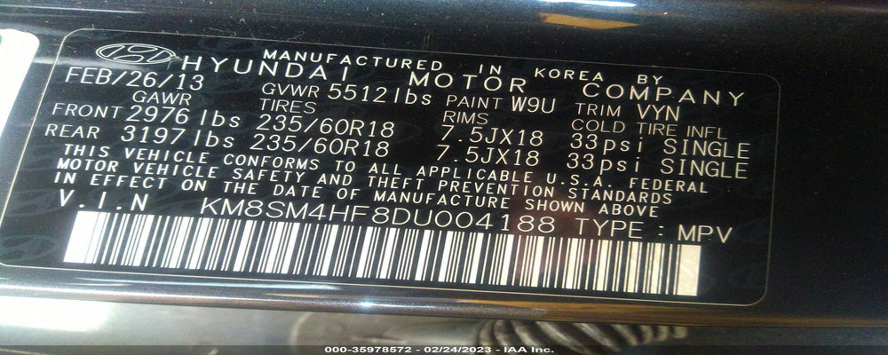 KM8SM4HF8DU004188 2013 HYUNDAI SANTA FE photo no. 9