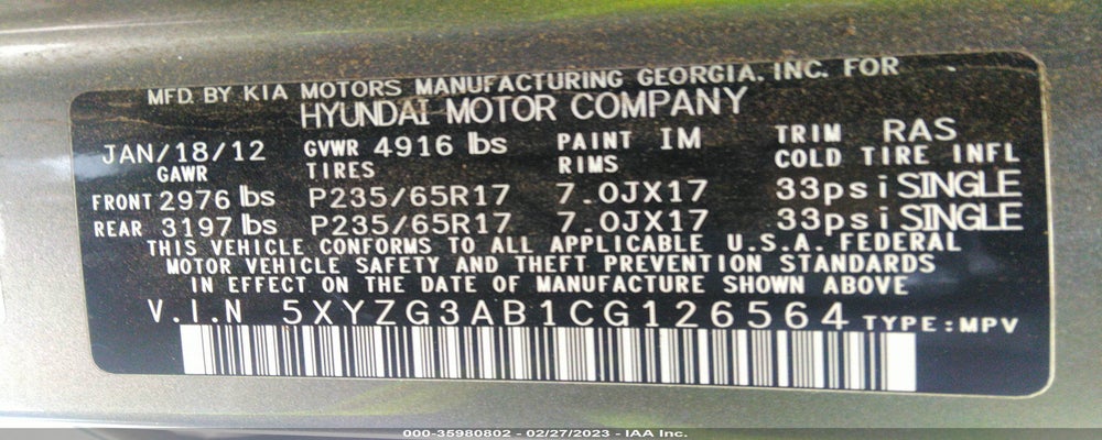 5XYZG3AB1CG126564 2012 HYUNDAI SANTA FE photo no. 9