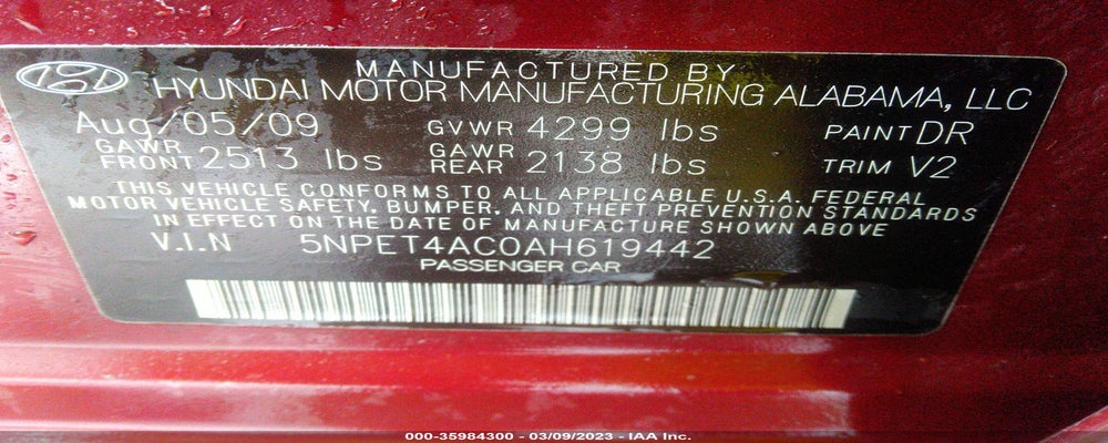 5NPET4AC0AH619442 2010 HYUNDAI SONATA photo no. 9