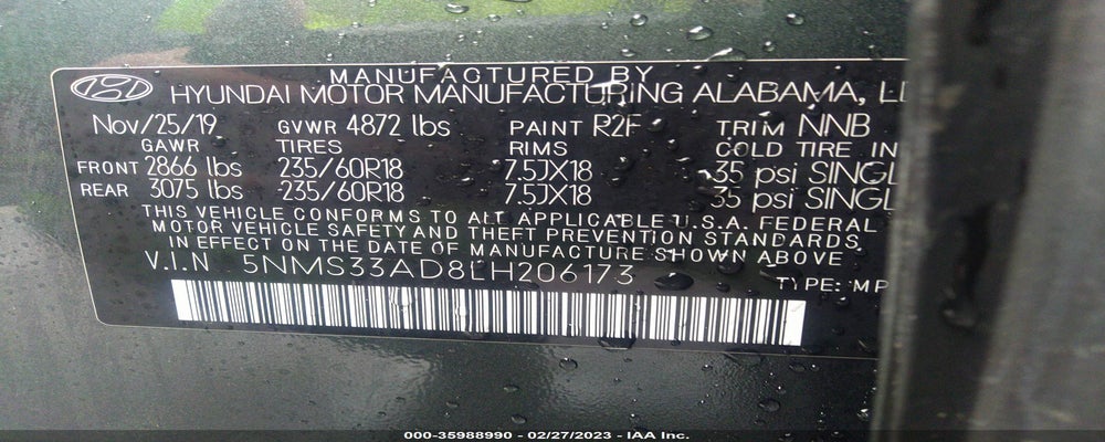 5NMS33AD8LH206173 2020 HYUNDAI SANTA FE photo no. 9