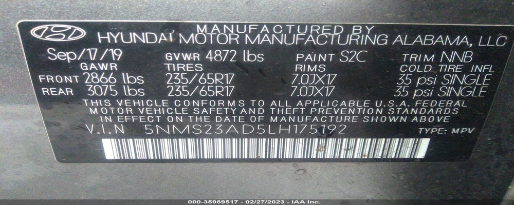 5NMS23AD5LH175192 2020 HYUNDAI SANTA FE photo no. 9