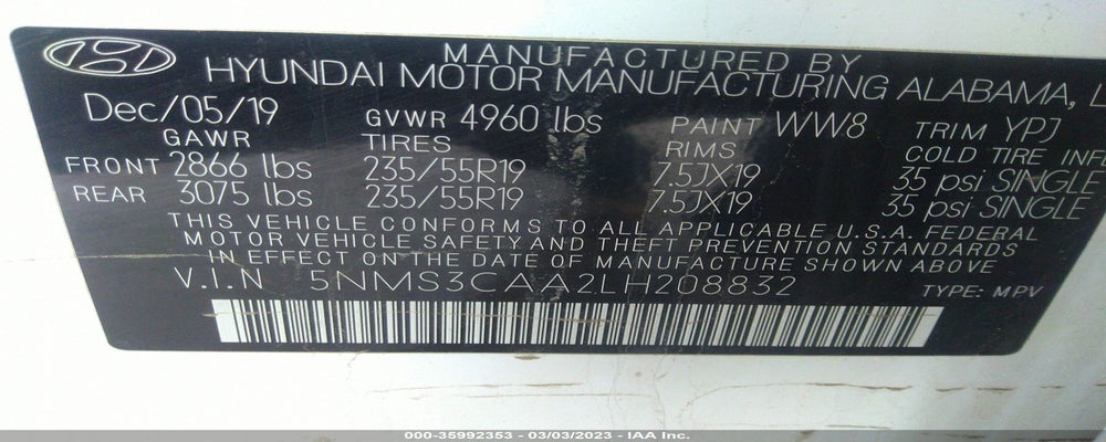 5NMS3CAA2LH208832 2020 HYUNDAI SANTA FE photo no. 9