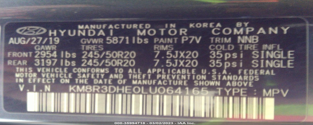KM8R3DHE0LU064165 2020 HYUNDAI PALISADE photo no. 9