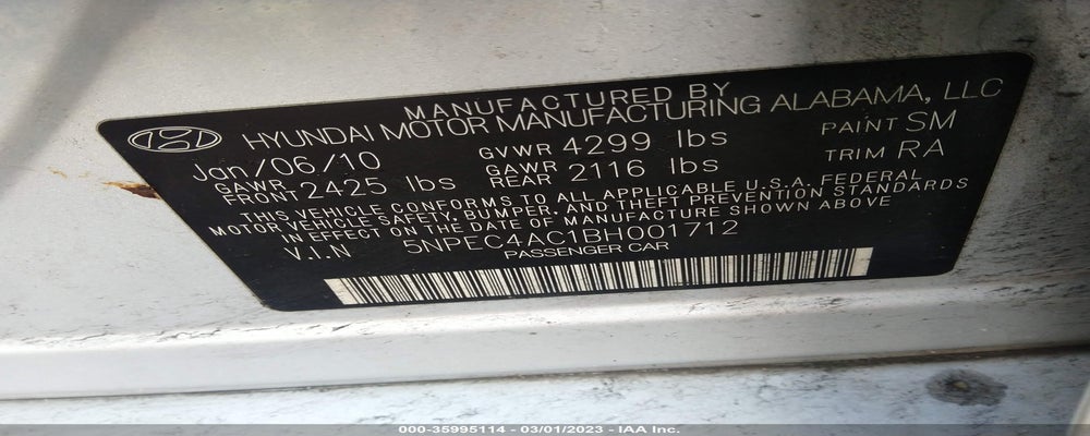 5NPEC4AC1BH001712 2011 HYUNDAI SONATA photo no. 9