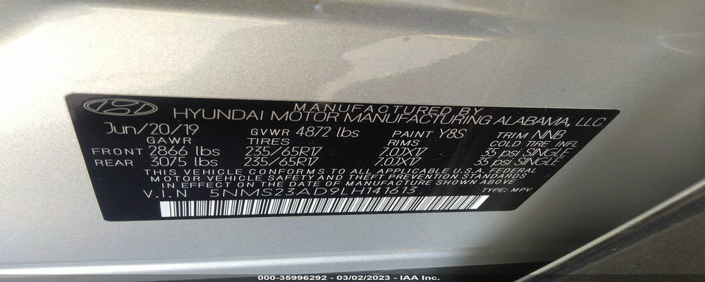 5NMS23AD9LH141613 2020 HYUNDAI SANTA FE photo no. 9