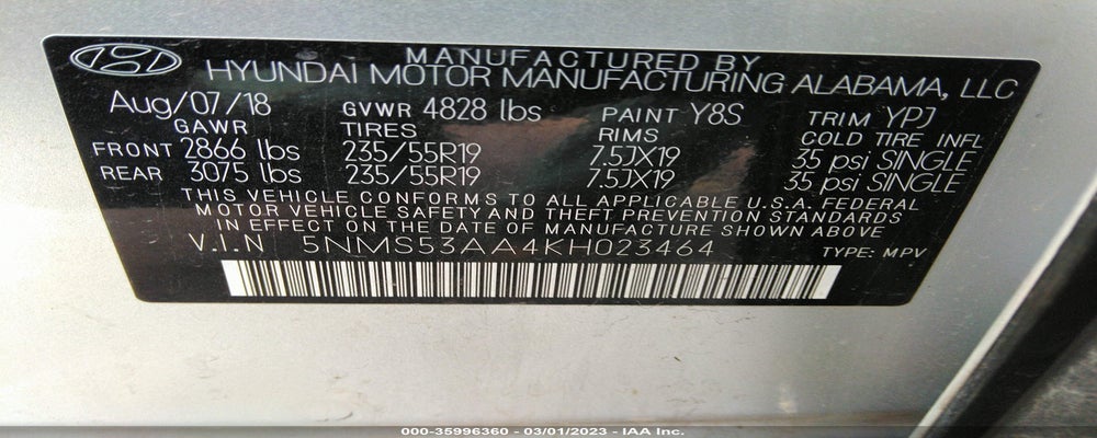 5NMS53AA4KH023464 2019 HYUNDAI SANTA FE photo no. 9