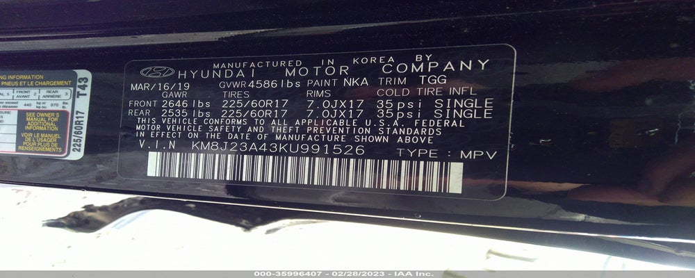 KM8J23A43KU991526 2019 HYUNDAI TUCSON photo no. 9