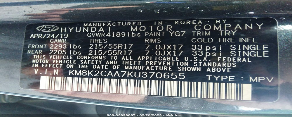 KM8K2CAA7KU370655 2019 HYUNDAI KONA photo no. 9