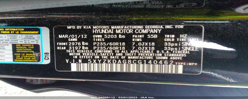 5XYZKDAG8CG140462 2012 HYUNDAI SANTA FE photo no. 9