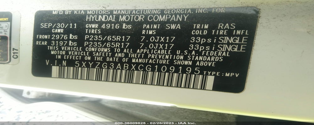 5XYZG3ABXCG109195 2012 HYUNDAI SANTA FE photo no. 9