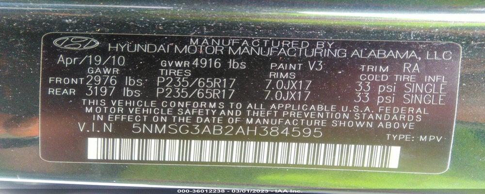 5NMSG3AB2AH384595 2010 HYUNDAI SANTA FE photo no. 9