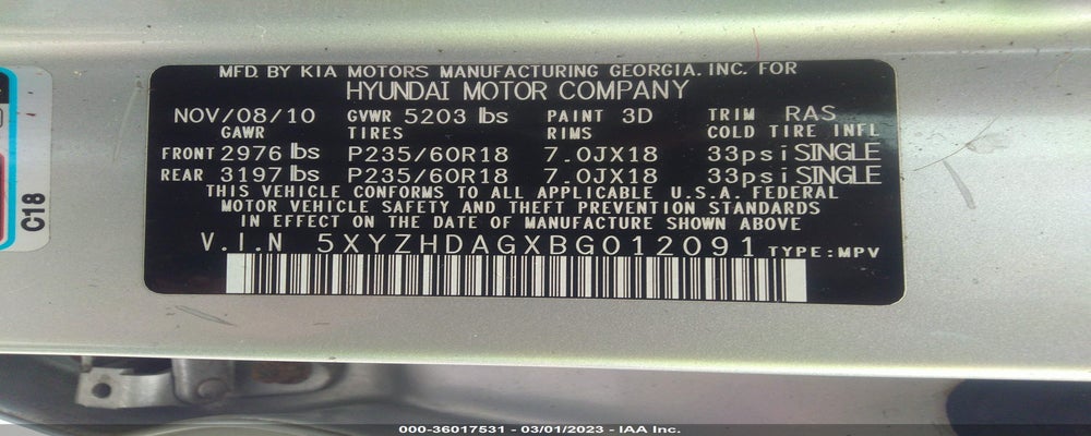 5XYZHDAGXBG012091 2011 HYUNDAI SANTA FE photo no. 9