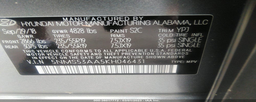 5NMS53AA5KH046431 2019 HYUNDAI SANTA FE photo no. 9