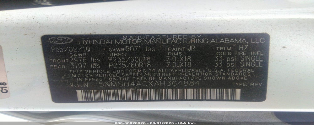 5NMSH4AGXAH364884 2010 HYUNDAI SANTA FE photo no. 9