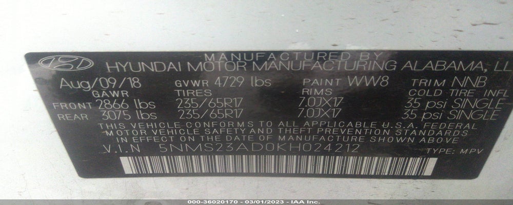 5NMS23AD0KH024212 2019 HYUNDAI SANTA FE photo no. 9