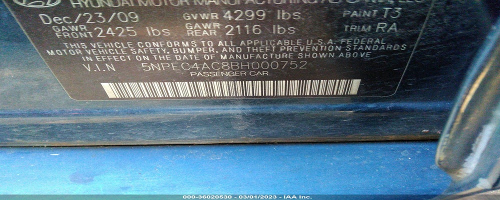 5NPEC4AC8BH000752 2011 HYUNDAI SONATA photo no. 9