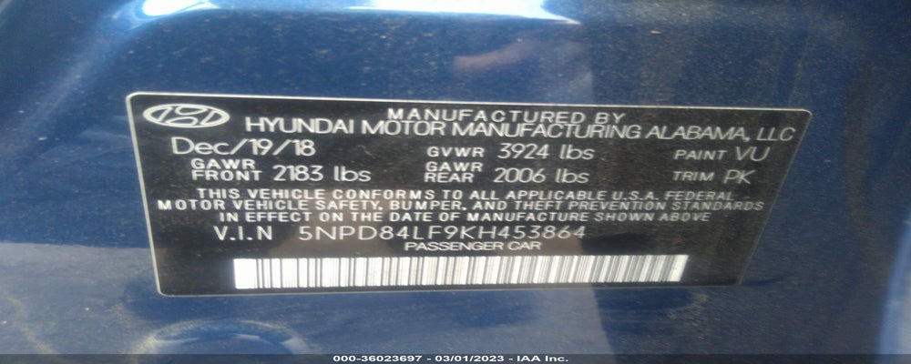 5NPD84LF9KH453864 2019 HYUNDAI ELANTRA photo no. 9