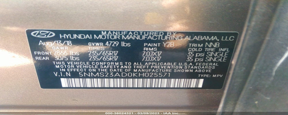 5NMS23AD0KH025571 2019 HYUNDAI SANTA FE photo no. 9