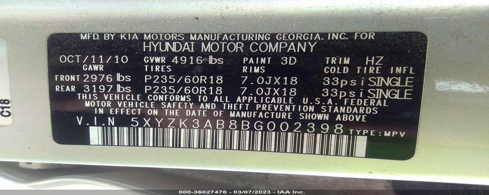 5XYZK3AB8BG002398 2011 HYUNDAI SANTA FE photo no. 9
