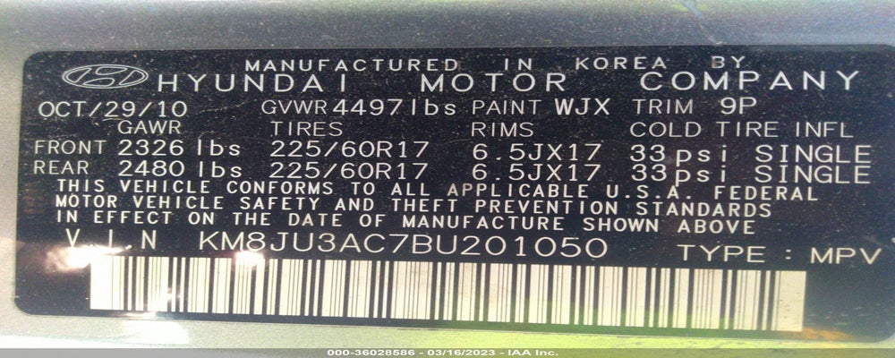 KM8JU3AC7BU201050 2011 HYUNDAI TUCSON photo no. 9