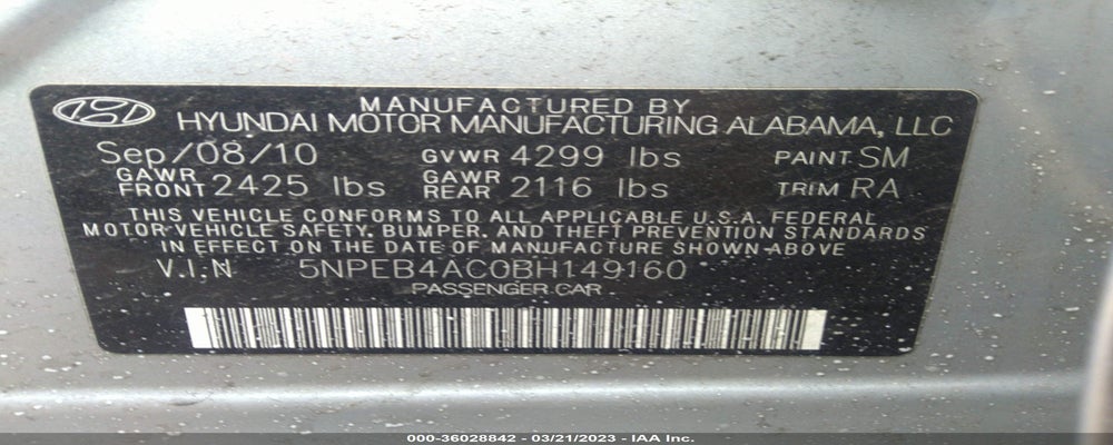 5NPEB4AC0BH149160 2011 HYUNDAI SONATA photo no. 9