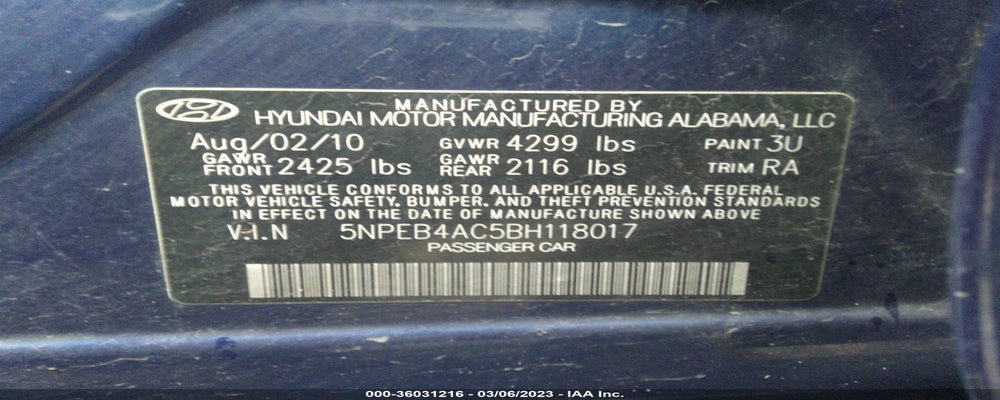 5NPEB4AC5BH118017 2011 HYUNDAI SONATA photo no. 9