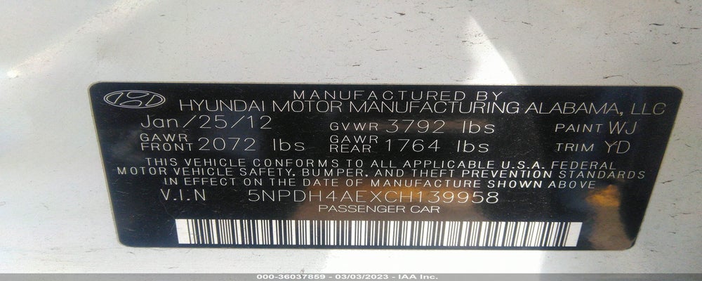 5NPDH4AEXCH139958 2012 HYUNDAI ELANTRA photo no. 9