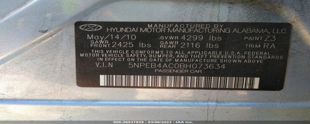 5NPEB4AC0BH073634 2011 HYUNDAI SONATA photo no. 9