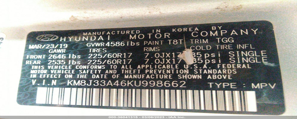 KM8J33A46KU998662 2019 HYUNDAI TUCSON photo no. 9
