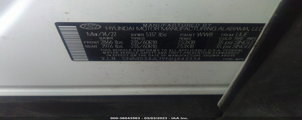 5NMS34AJ9NH443334 2022 HYUNDAI SANTA FE photo no. 9