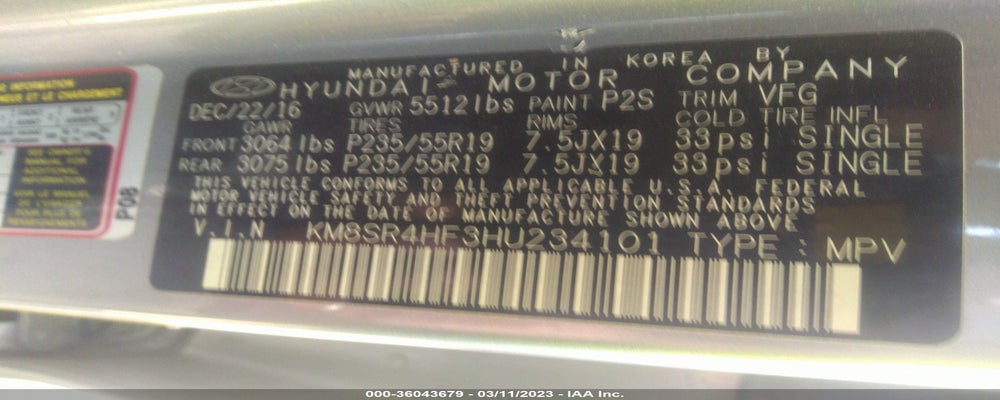 KM8SR4HF3HU234101 2017 HYUNDAI SANTA FE photo no. 9