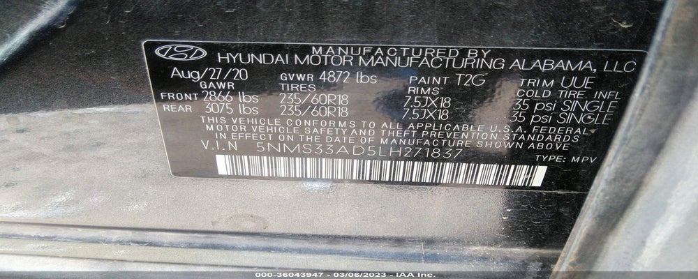 5NMS33AD5LH271837 2020 HYUNDAI SANTA FE photo no. 9