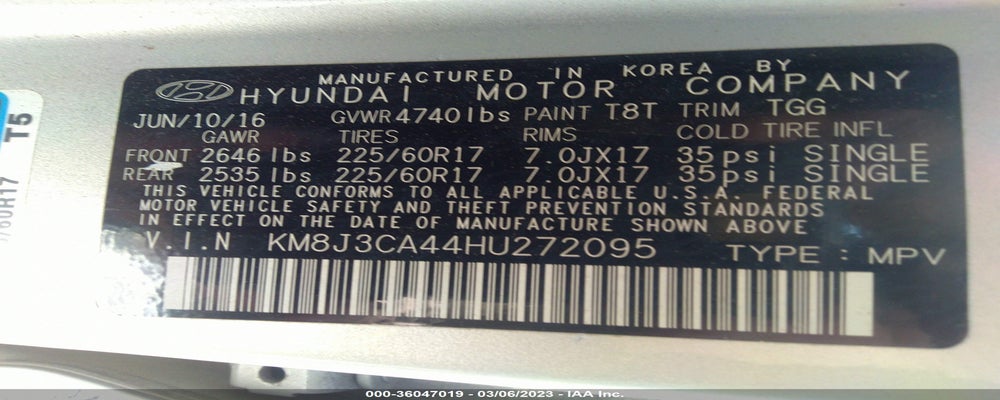 KM8J3CA44HU272095 2017 HYUNDAI TUCSON photo no. 9