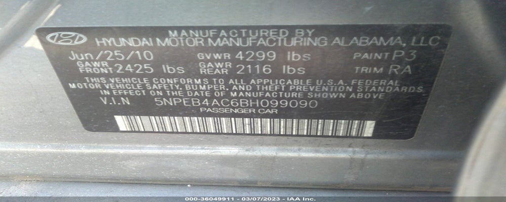 5NPEB4AC6BH099090 2011 HYUNDAI SONATA photo no. 9