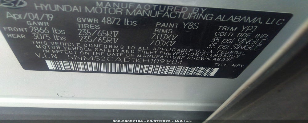 5NMS2CAD1KH109804 2019 HYUNDAI SANTA FE photo no. 9