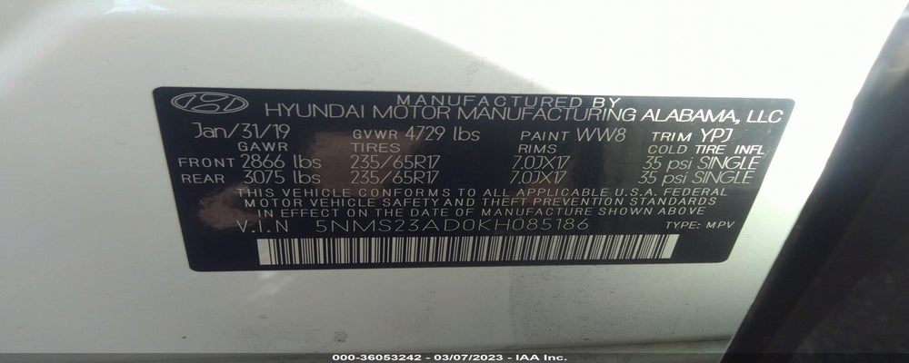5NMS23AD0KH085186 2019 HYUNDAI SANTA FE photo no. 9