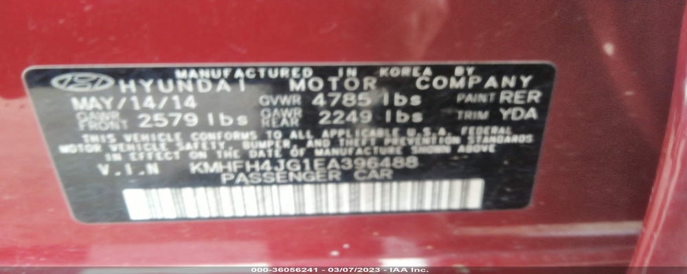 KMHFH4JG1EA396488 2014 HYUNDAI AZERA photo no. 9