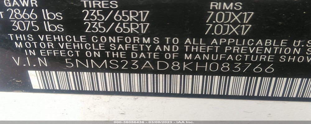 5NMS23AD8KH083766 2019 HYUNDAI SANTA FE photo no. 9