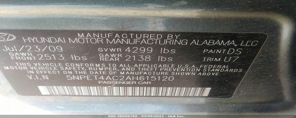 5NPET4AC2AH615120 2010 HYUNDAI SONATA photo no. 9