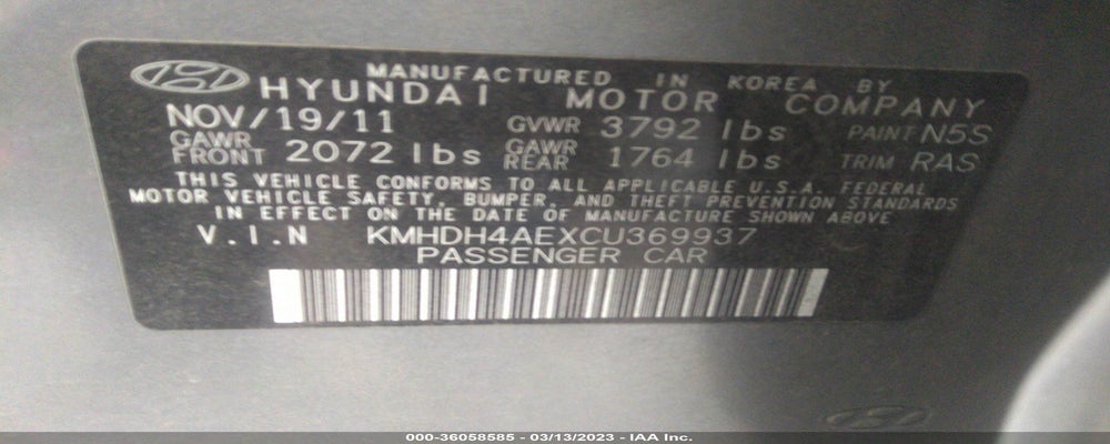 KMHDH4AEXCU369937 2012 HYUNDAI ELANTRA photo no. 9