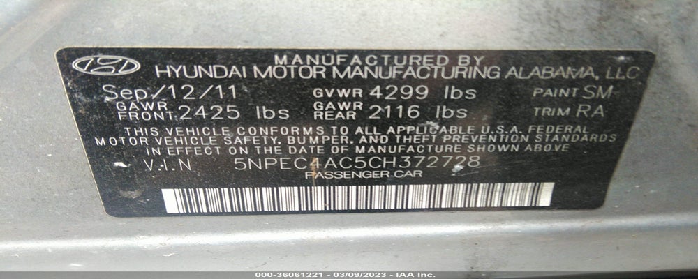 5NPEC4AC5CH372728 2012 HYUNDAI SONATA photo no. 9