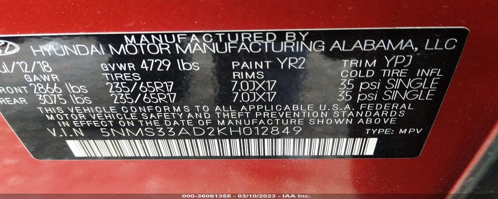 5NMS33AD2KH012849 2019 HYUNDAI SANTA FE photo no. 9
