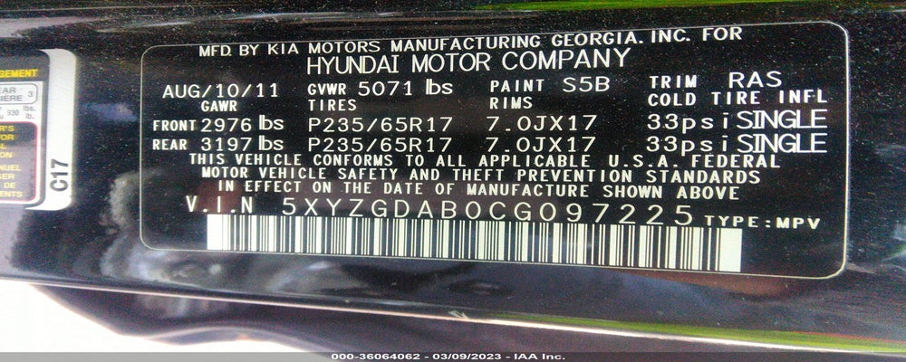 5XYZGDAB0CG097225 2012 HYUNDAI SANTA FE photo no. 9
