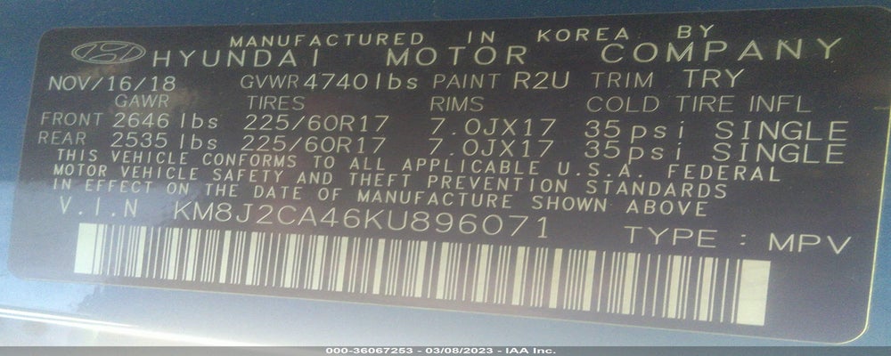 KM8J2CA46KU896071 2019 HYUNDAI TUCSON photo no. 9