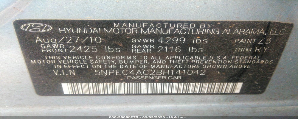 5NPEC4AC2BH141042 2011 HYUNDAI SONATA photo no. 9