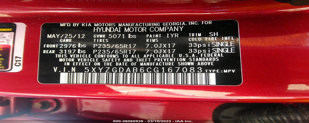 5XYZGDAB6CG167083 2012 HYUNDAI SANTA FE photo no. 9
