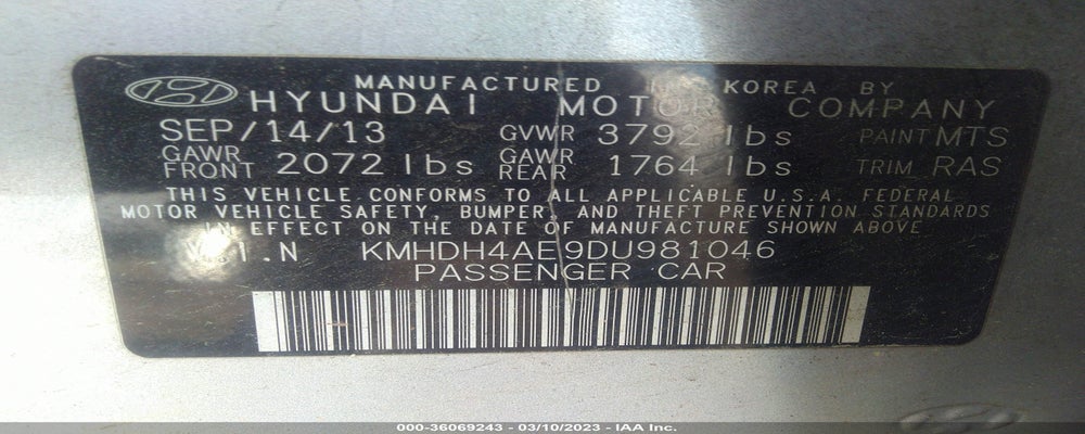KMHDH4AE9DU981046 2013 HYUNDAI ELANTRA photo no. 9